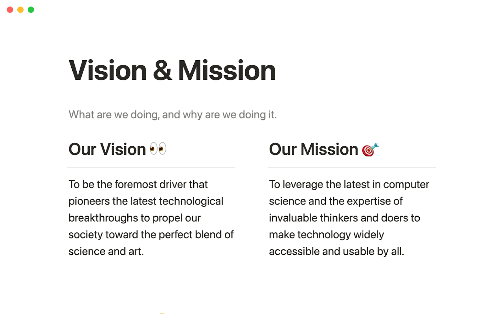 Vision Mission Template Notion