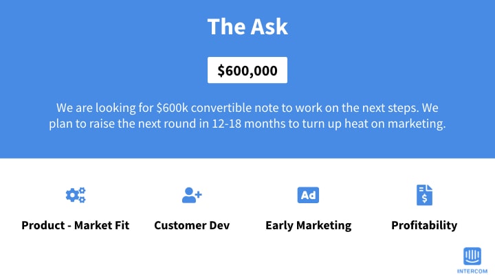 Intercom The Ask slide in clean blue design with four facts