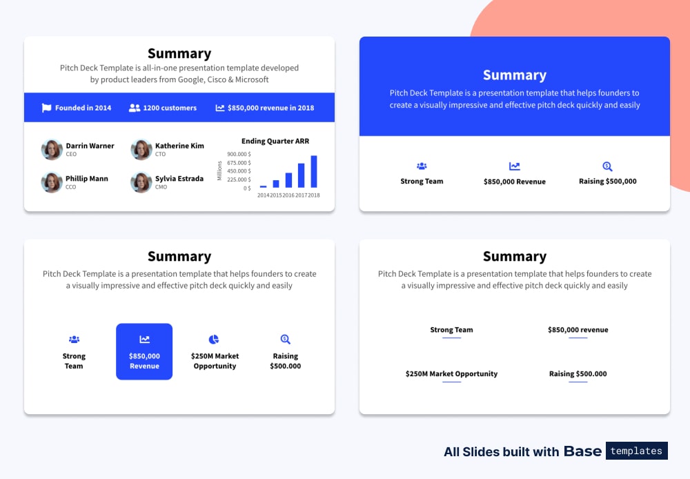 Pitch deck summary slide different designs