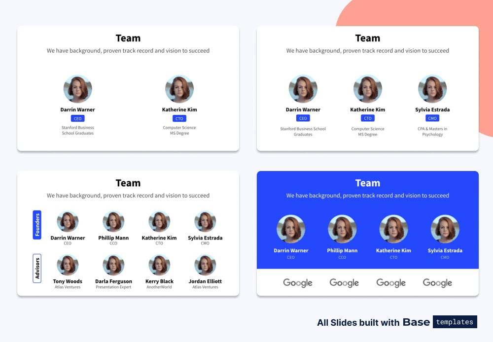 Pitch deck team slide different designs