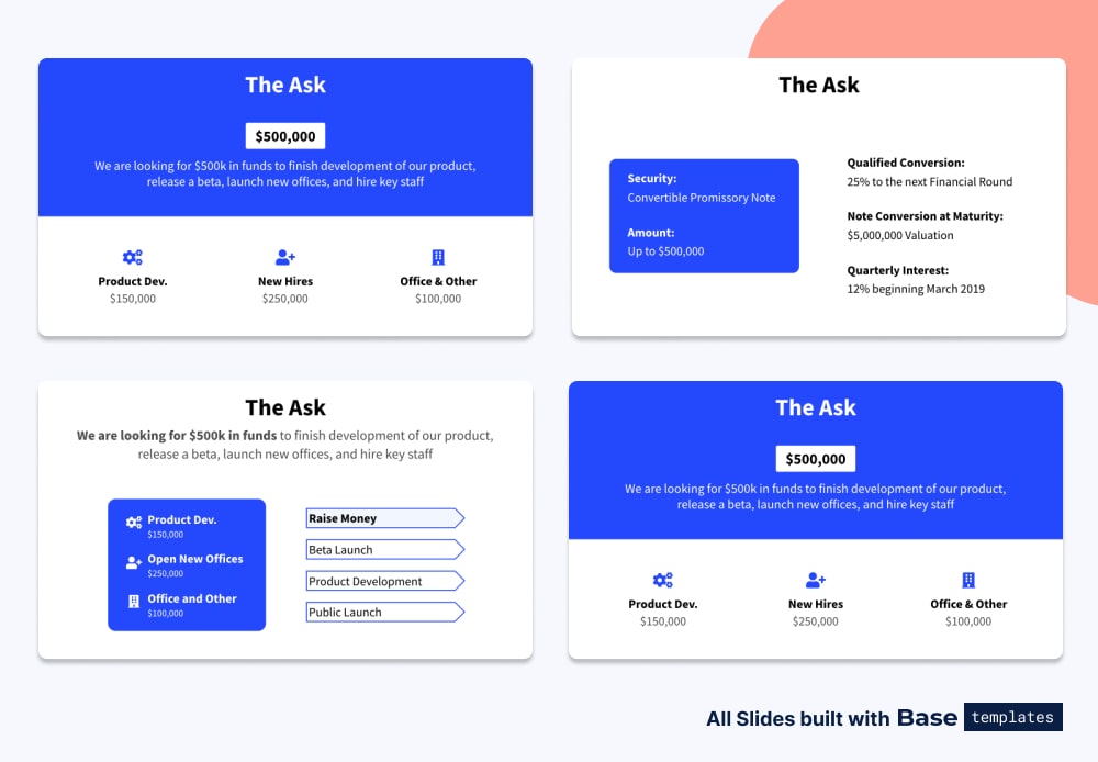 Pitch deck the ask slide different designs