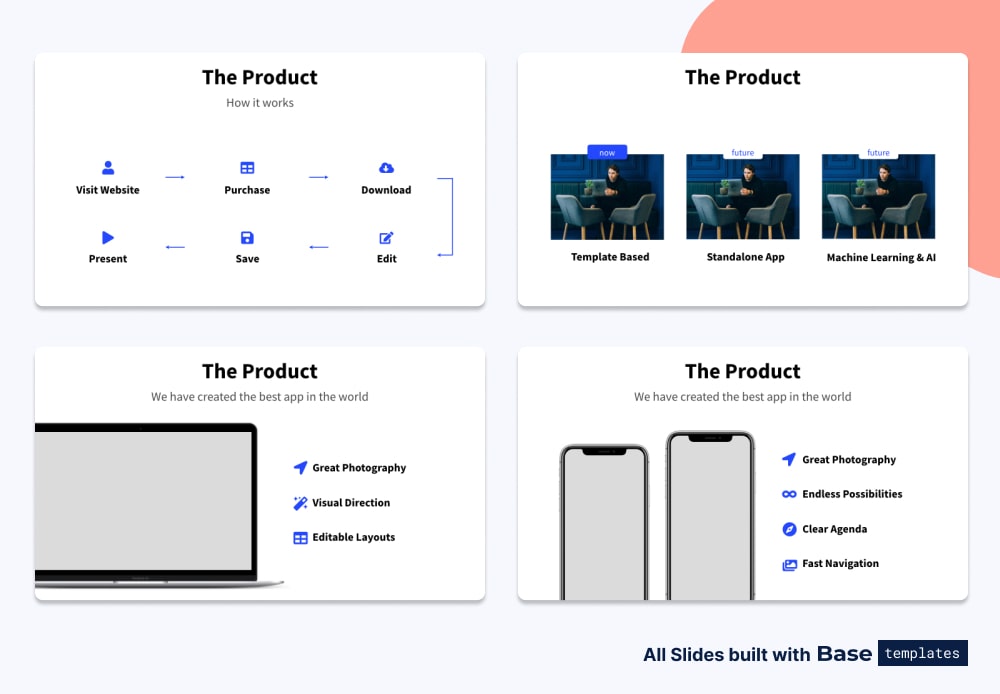 Pitch deck product slide different designs