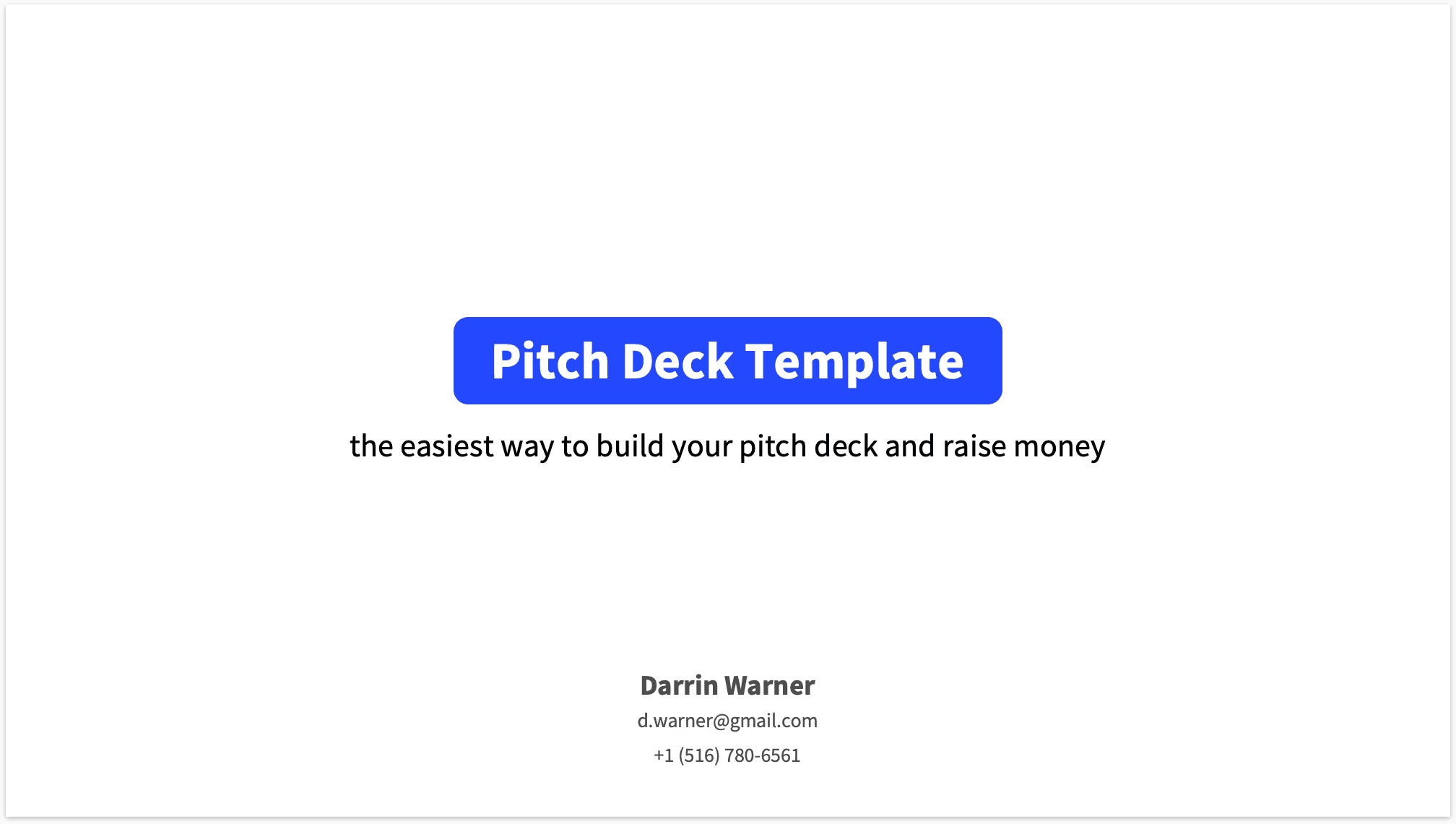 Pitch deck title slide example clean look with blue heading