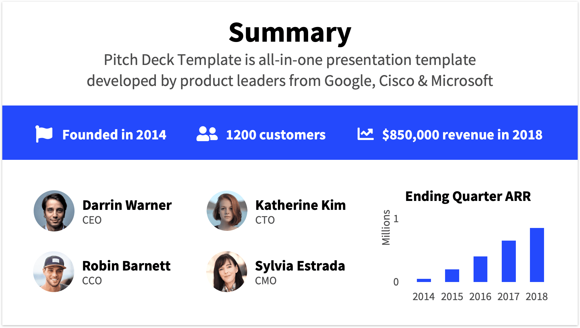 Summary Slide example with four key members of the team and other facts that are summarized from your pitch deck