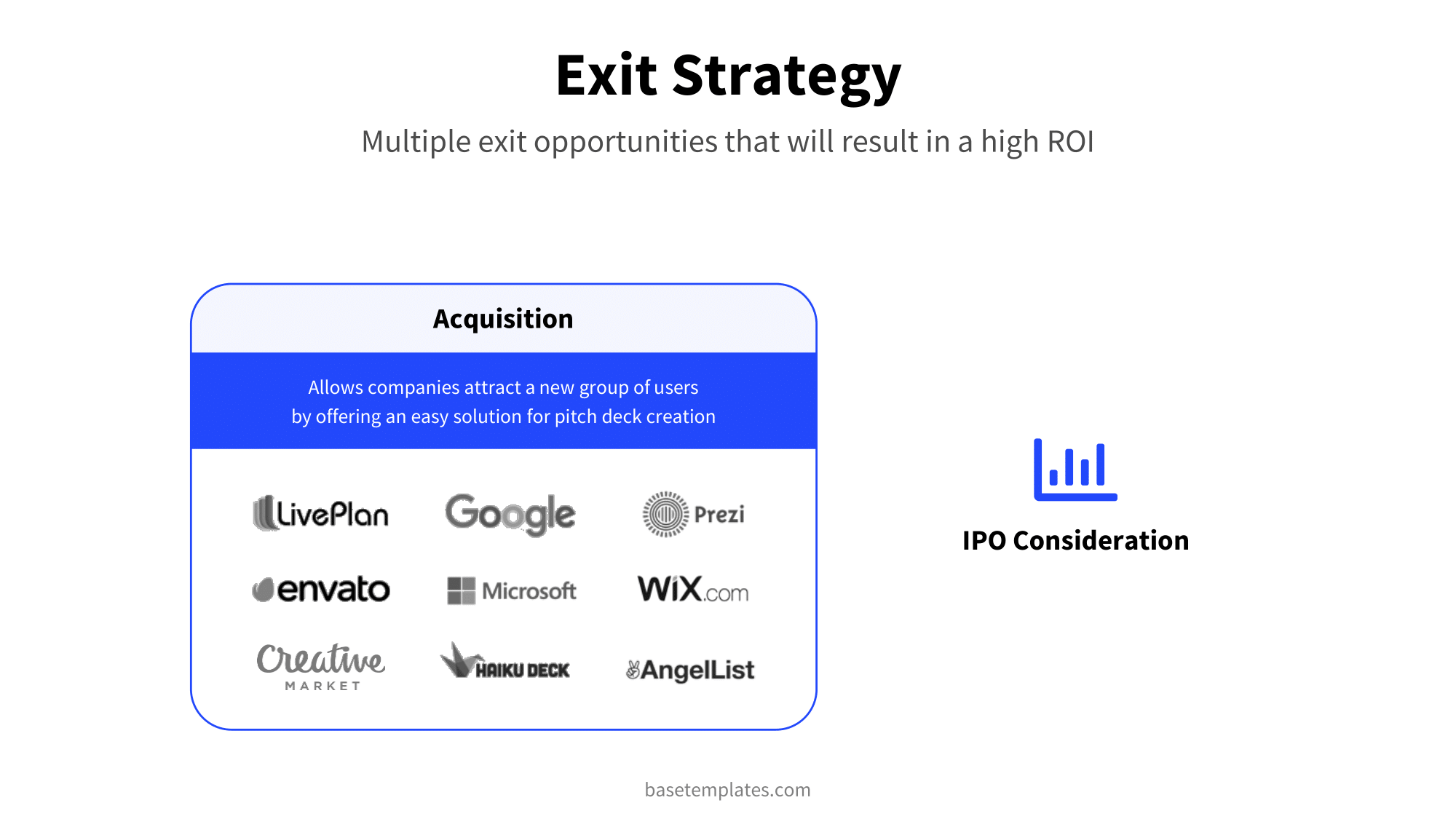 Clean design exit strategy slide with nice companies that are likely to buy your company