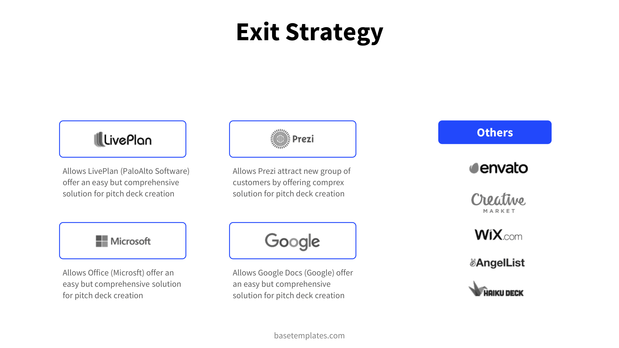 Exit strategy slide in blue and clean design