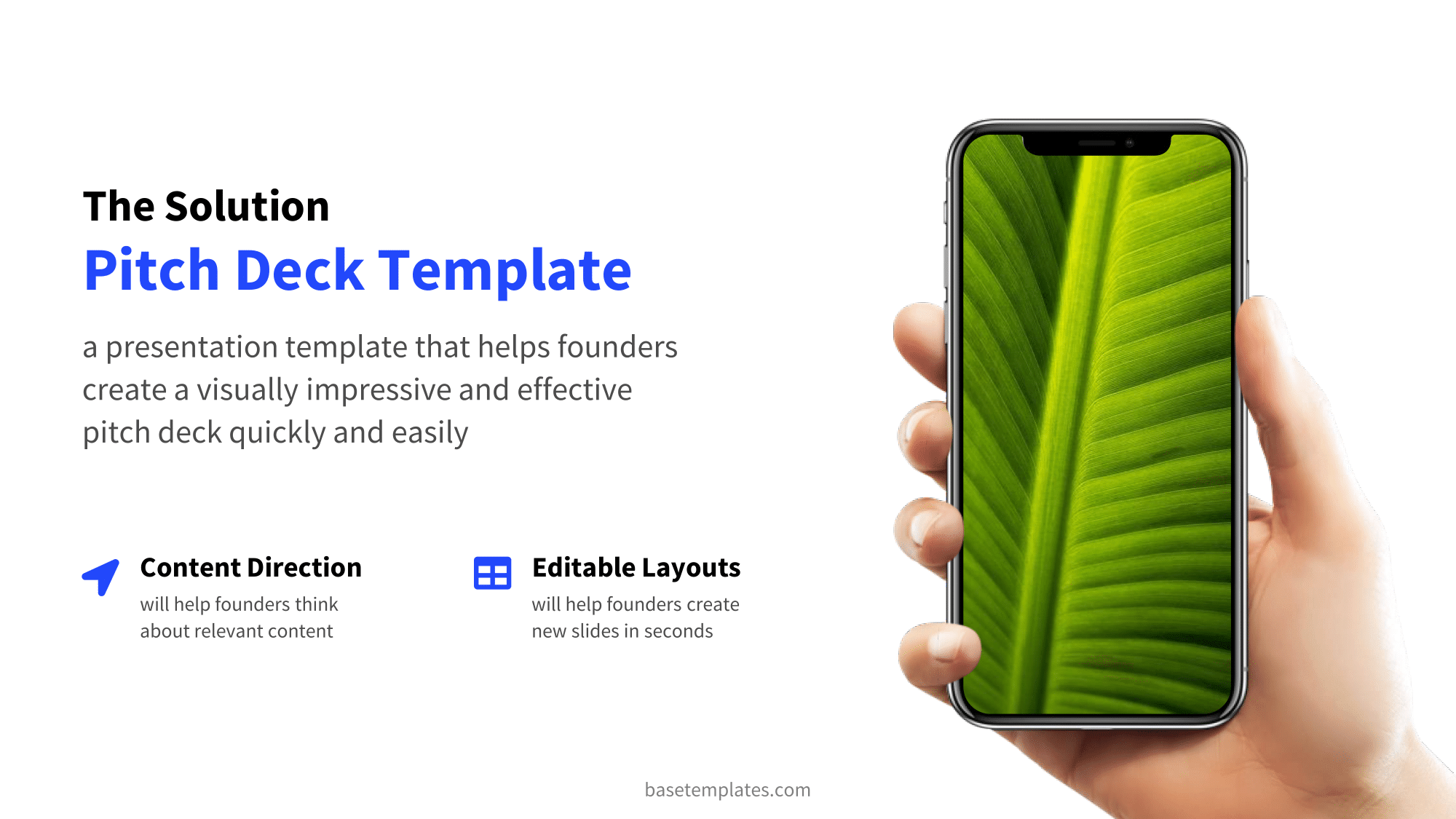 Solution slide with mobile device mockup in blue design