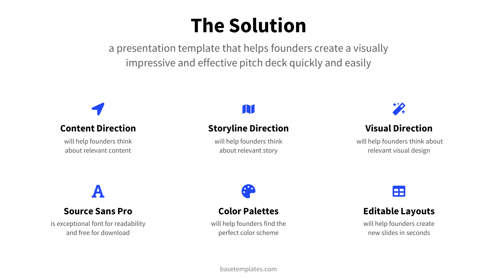 Solution slide with six facts and in clean blue design