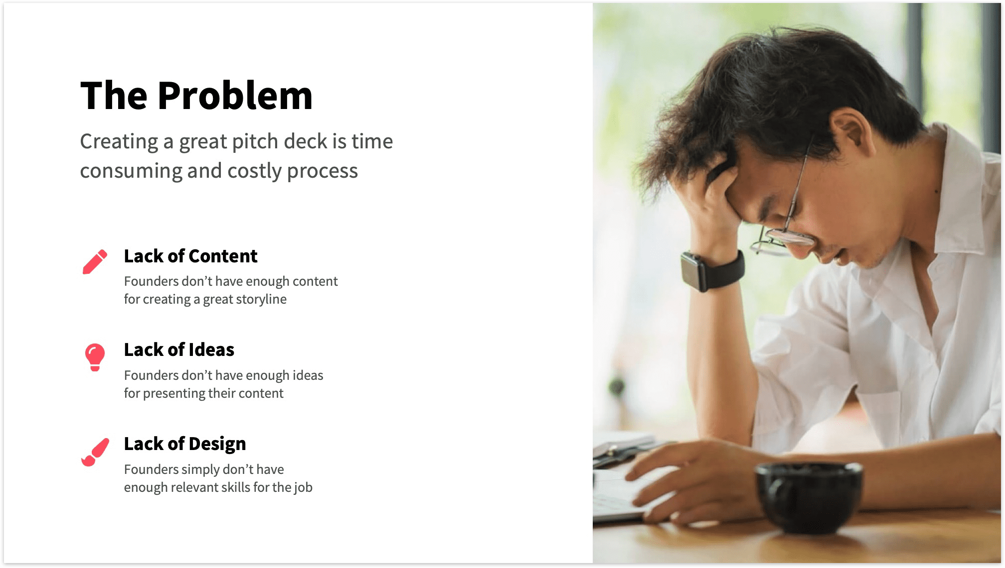 Problem slide with emotional photo and vertical bullet points