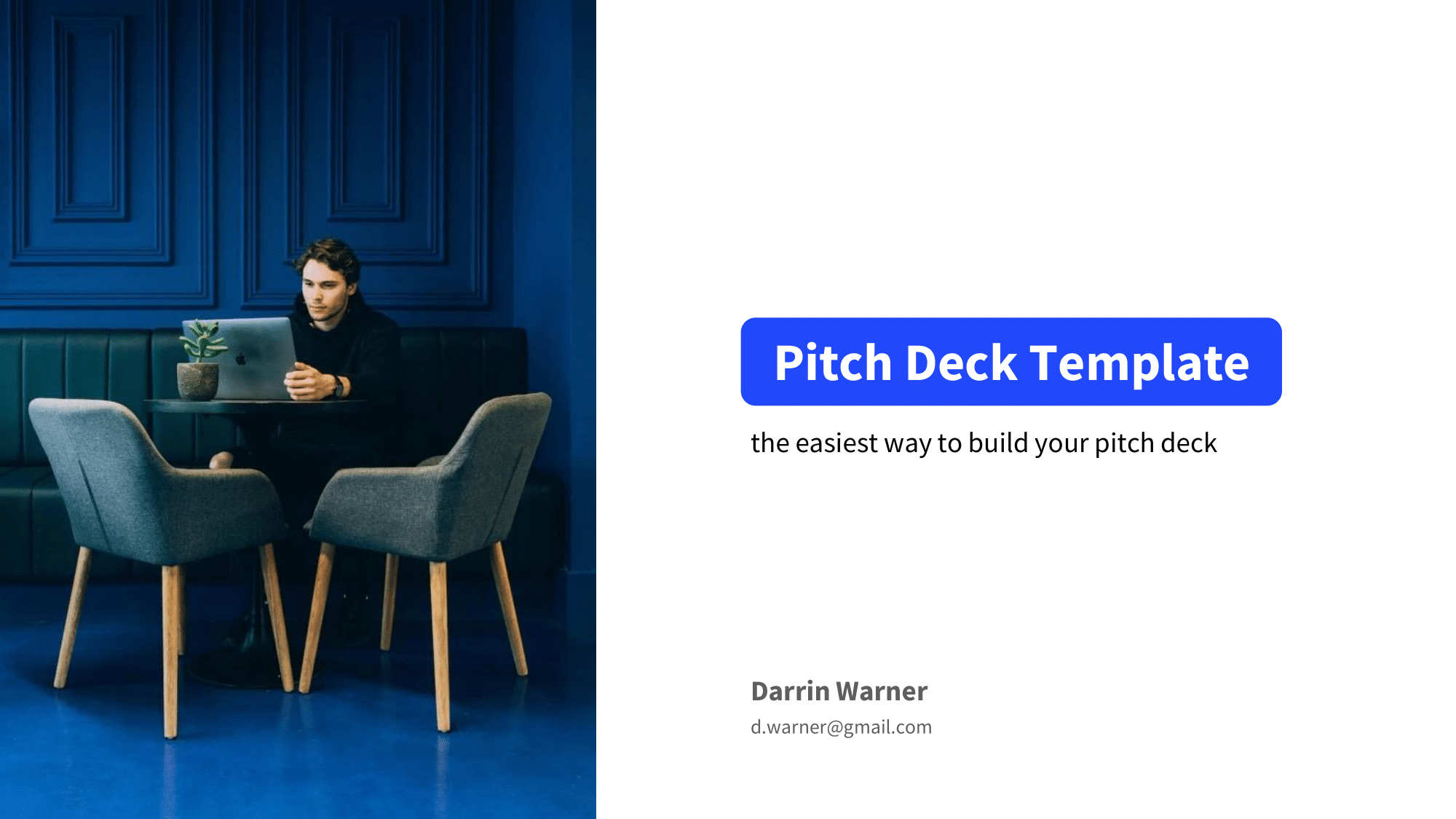 Pitch deck title slide example with a picture of the founder