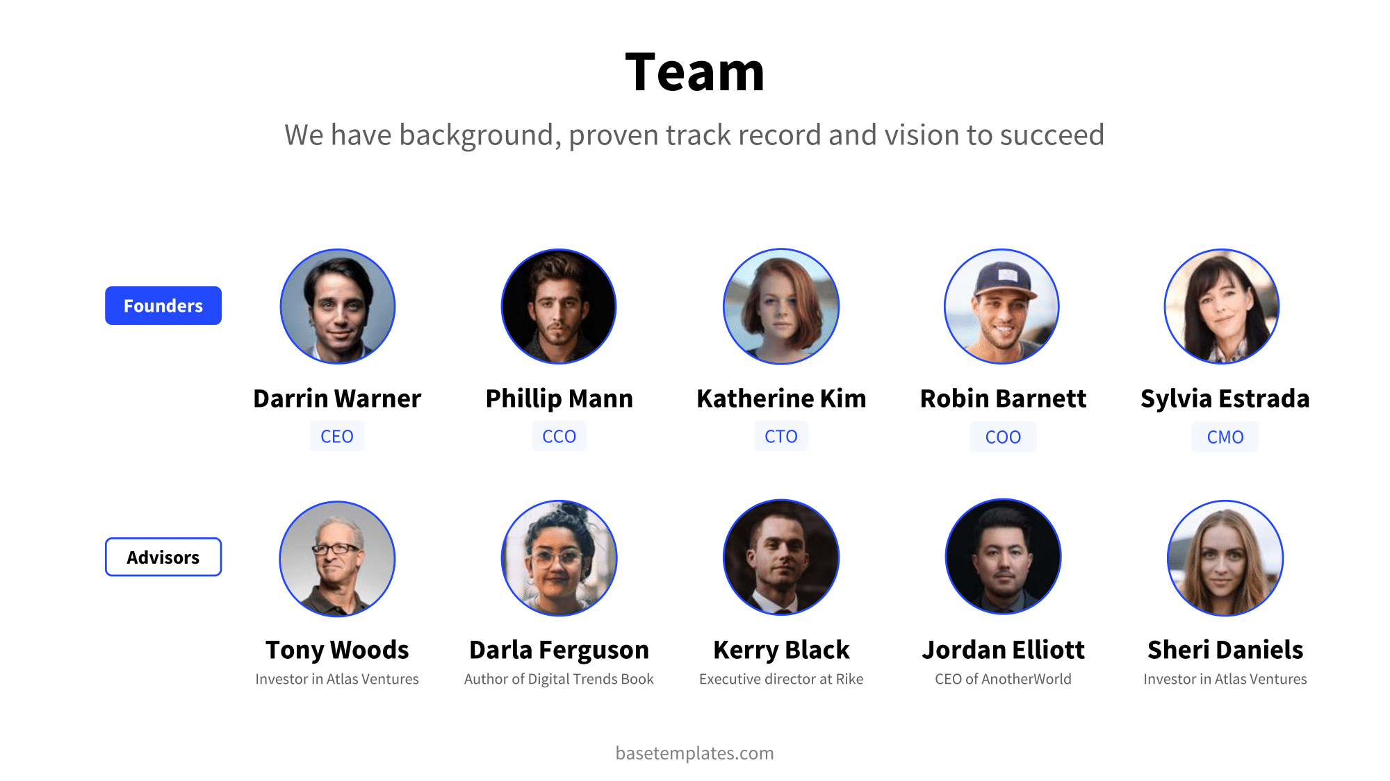 Team slide with headshots and information of founders and advisors